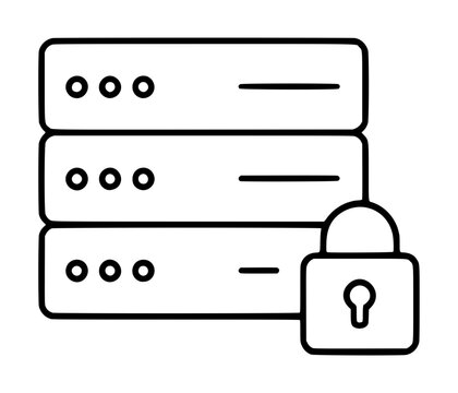 Secure server rack vector icon featuring three stacked data storage units protected by a large padlock, symbolizing database security, information privacy, and encrypted cloud hosting services.
