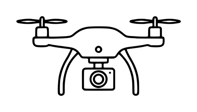 Modern security drone vector icon illustration featuring a quadcopter design with four rotors and a mounted camera for aerial surveillance, photography, and remote monitoring in a clean line art