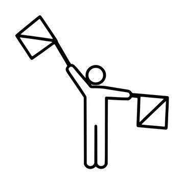 Minimalist vector icon illustration of a person using semaphore flags for communication. This black line art graphic shows a signalman holding flags to send a message or signal in a clear way.