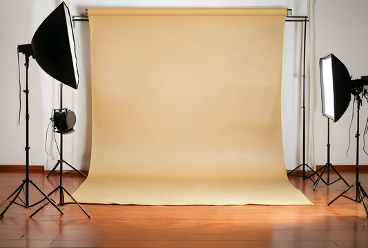 Professional photo studio setup with beige backdrop and lighting equipment, photography production and creative space