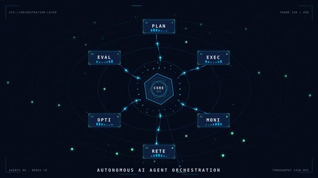 A futuristic AI agent orchestration system glows with electric-blue hexagon nodes and data-flow lines in deep space professional stock footage for technology, business, and editorial use.