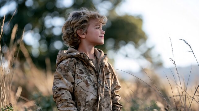 Young boy exploring nature wearing camouflage jacket