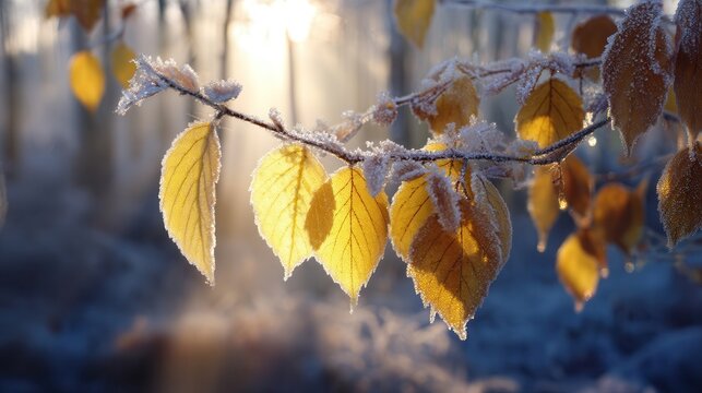 Frost covered leaves on branch backlit by sun