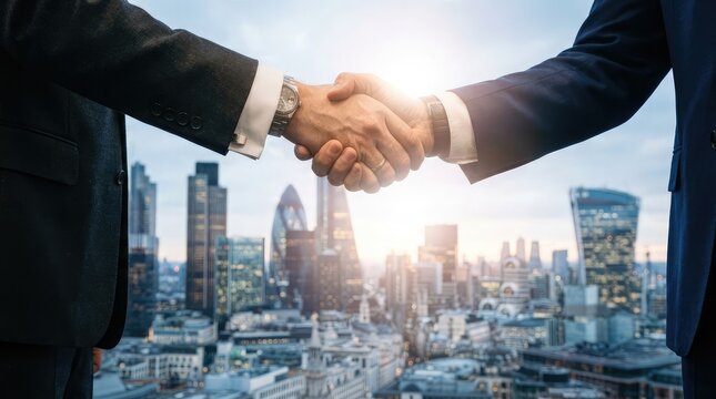 Business partners shaking hands in front of a modern city skyline during a bright sunny day