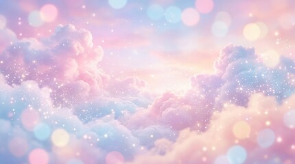 Naklejka premium Dreamy Pastel Fantasy Backdrop with Fluffy Clouds Sparkles and Soft Bokeh Light Background dreamy pastel gradient fluffy clouds sparkles bokeh fairytale backdrop fairytale backdrop princess romantic