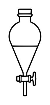 Minimalist black and white vector icon illustration of a laboratory separatory funnel with a stopper and stopcock valve, perfect for chemistry science education and medical research design projects.