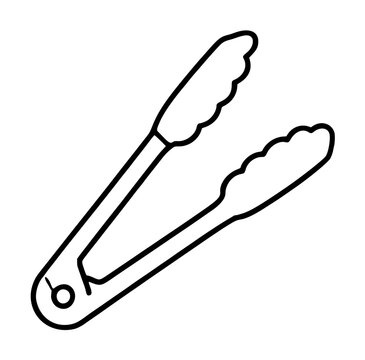 Minimalist serving tongs vector icon illustration for kitchen and cooking themes. This clean black line art graphic features a pair of kitchen tongs with scalloped edges for food preparation and BBQ.