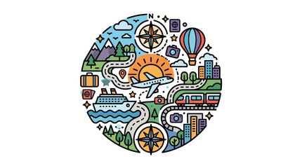 Fototapeta premium A colorful circular illustration representing travel and adventure through various transportation modes for tourism and global vacation planning.
