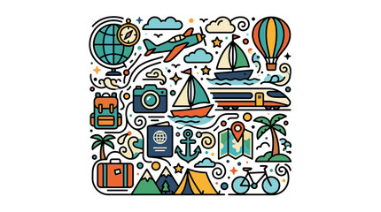 Fototapeta premium A comprehensive travel vacation adventure and tourism journey concept featuring icons like a plane, camera, and globe in a flat doodle style.