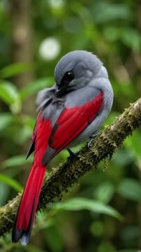 A beautiful long tailed minivet bird with vibrant red wings and smooth grey plumage perched gracefully on a mossy branch in lush green forest
 red billed hornbill