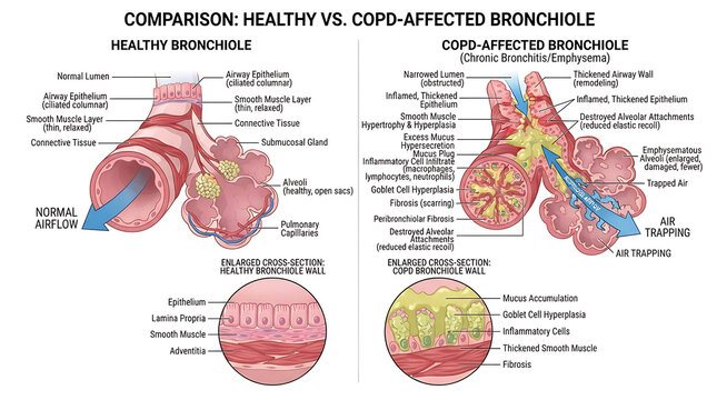 Medical illustration comparing the anatomy of a healthy human bronchiole and one affected by chronic obstructive pulmonary disease