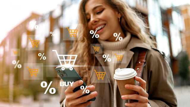Online shopping with a smartphone and coffee in a city during the day