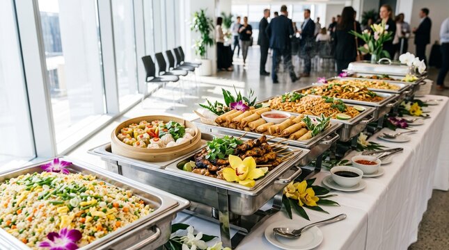 Asian buffet catering table with variety of gourmet dishes at a corporate event