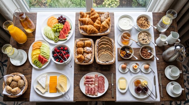 Continental breakfast buffet spread with fresh fruits, pastries, and assorted cold cuts