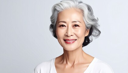 Fototapeta premium Graceful Asian Woman in Her 60s Portrait with Silver Hair on White Background
