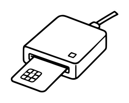 Minimalist black and white line art vector icon illustration of a USB smart card reader with a chip card inserted for secure authentication, digital signatures, and electronic banking transactions.