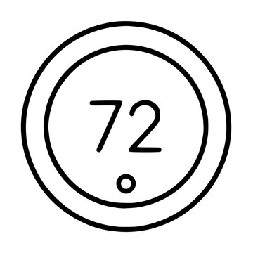 Minimalist smart thermostat vector icon featuring a sleek circular design with a digital temperature display of 72 degrees, perfect for modern home automation and climate control illustrations.