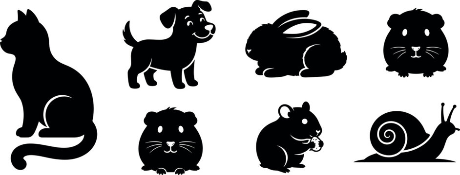 Domestic Pet Animals Black Silhouette Collection Featuring Cat Dog Rabbit Hamster Guinea Pig and Snail Icons for Veterinary Care and Animal Shop Designs