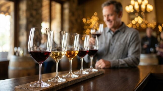 An enthusiastic customer savoring diverse wine samples at a vibrant wine tasting event