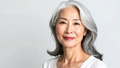 Fototapeta premium Graceful Asian Woman in Her 60s Portrait with Silver Hair on White Background