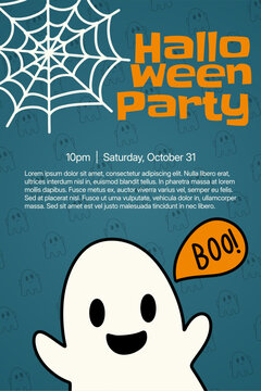 Halloween party invitation template teal background spiderweb ghost editable flyer. Event flyers, social media invites, posters, and printable party announcements.