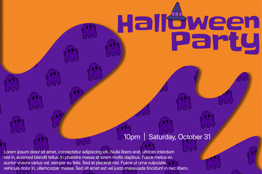 Halloween party invitation template orange purple ghost pattern editable flyer. Event flyers, social media invites, posters, and printable party announcements.