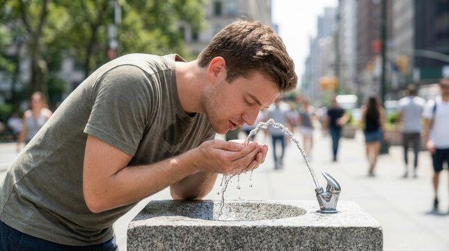 Young man finding refreshment and hydration at a city drinking fountain during hot summer weather