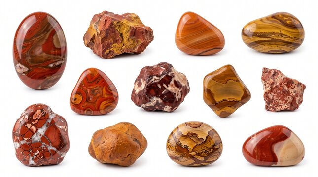 Collection of various polished and rough jasper gemstones isolated on white background.