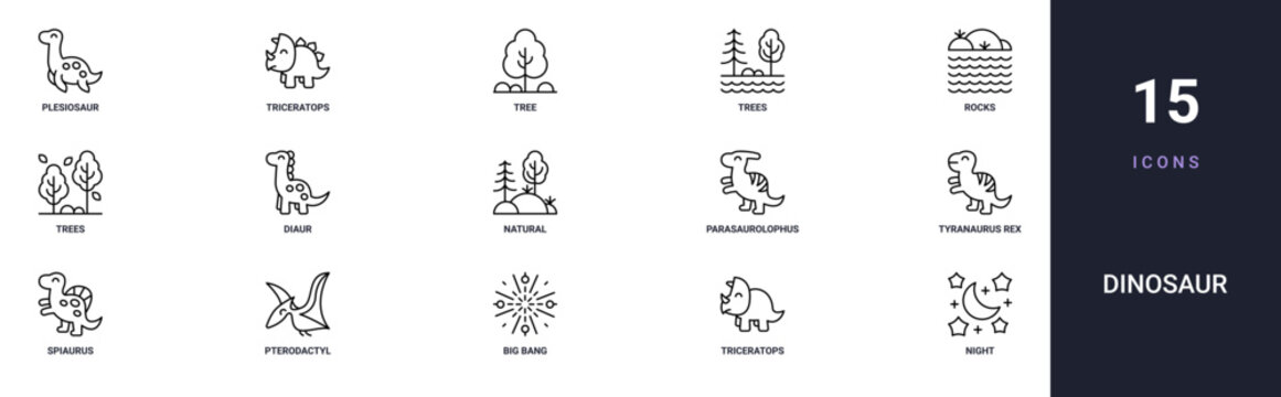 Set of 15 outline web Dinosaur icons such as night, triceratops, big bang, pterodactyl, spiaurus, tyranaurus rex, parasaurolophus vector icons for report, presentation, diagram, web design, mobile