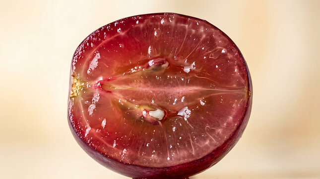 Close-up macro shot of a juicy red grape half, revealing internal texture and seeds