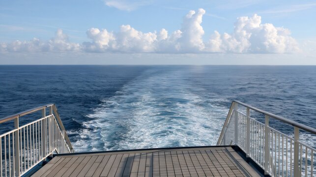 Ship wake trailing ocean view from cruise deck