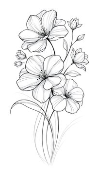 Floral line art illustration with blooming flowers and buds