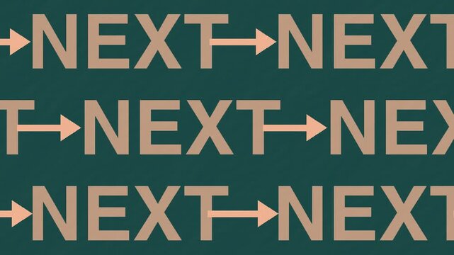 Peach and teal NEXT typography and arrows moving through bold graphic rows
