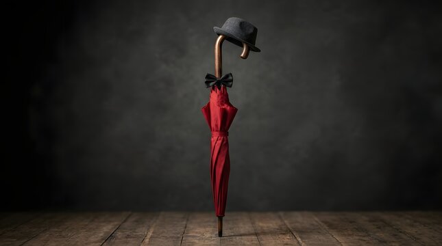 Elegant red umbrella topped with bowler hat and cane accent
