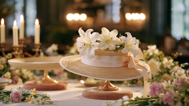 Before and after concept for a millinery studio showing an unfinished straw base beside a finished Easter bonnet adorned with silk lilies and ribbons, both resting on velvet hat