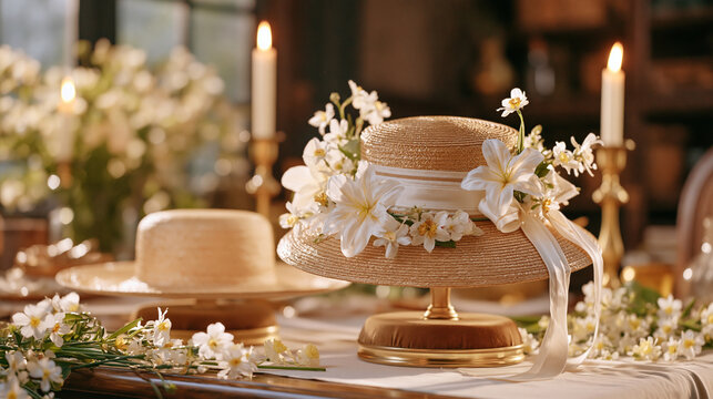 Before and after concept for a millinery studio showing an unfinished straw base beside a finished Easter bonnet adorned with silk lilies and ribbons, both resting on velvet hat