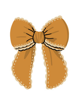 Beige Christmas bow with scalloped ruffle edge and dashed outline, holiday ribbon illustration