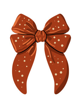 Brown polka dot Christmas bow, hand drawn festive ribbon illustration