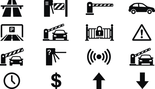 Vector icon set of toll road barrier gates parking access control car highway entry system signals and traffic payment symbols