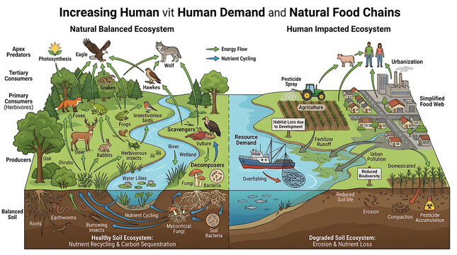 Comparative illustration of a natural balanced ecosystem versus a degraded ecosystem affected by human activity and urbanization