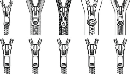 Vector icon set of metallic clothing zippers with sliders pullers and teeth in open and closed positions for fashion garment design © md nurzamal