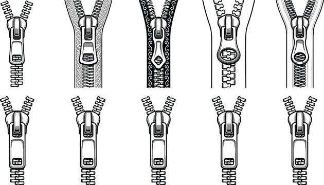 Vector icon set of metallic clothing zippers with sliders pullers and teeth in open and closed positions for fashion garment design