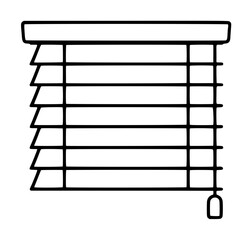 Naklejka premium Minimalist vector icon of window blinds with horizontal slats and a pull cord, perfect for interior design, home improvement, and office decor illustrations in a clean black and white line art style.
