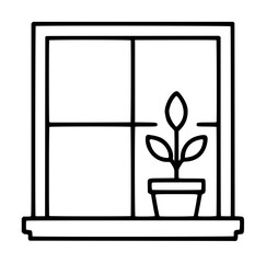 Naklejka premium Minimalist black and white vector icon illustration of a simple window with a small potted houseplant sitting on the sill, featuring clean lines and a modern aesthetic for home decor design.