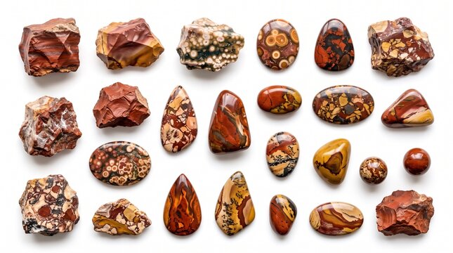 Collection of various raw and polished jasper gemstones on a white background.