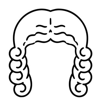 Minimalist black and white vector icon illustration of a traditional judicial wig worn by judges and barristers in court, symbolizing law, justice, legal authority, and historical court attire.