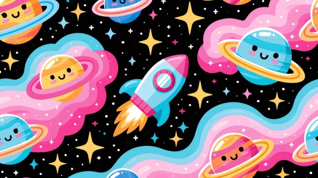 Cute cartoon space seamless pattern with planets and rocket