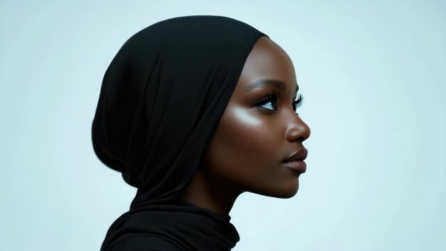 Close-up Profile of a Serene Muslim Woman in a Black Hijab