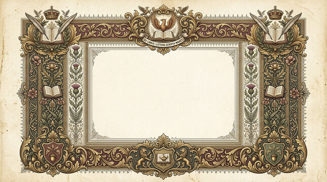 Academic vintage certificate frame with books eagle crest and thistle floral ornaments.