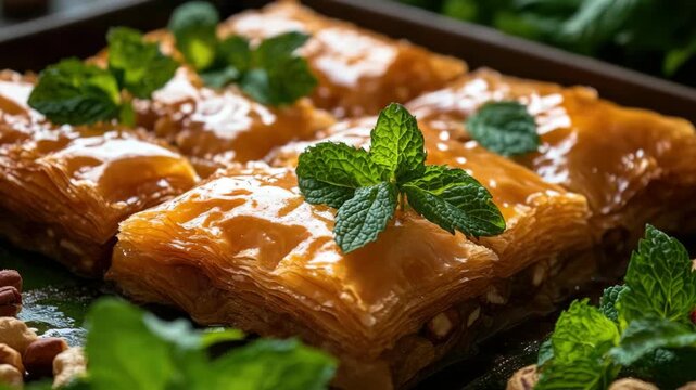 Close-up of Golden Baklava Pastry with Mint Leaves